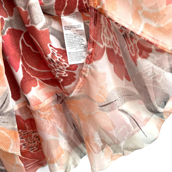 WHBM Sleeveless Floral Tie Waist Tunic Small Semi-Sheer Ruffle Salmon Pink Coral - Picture 7 of 9